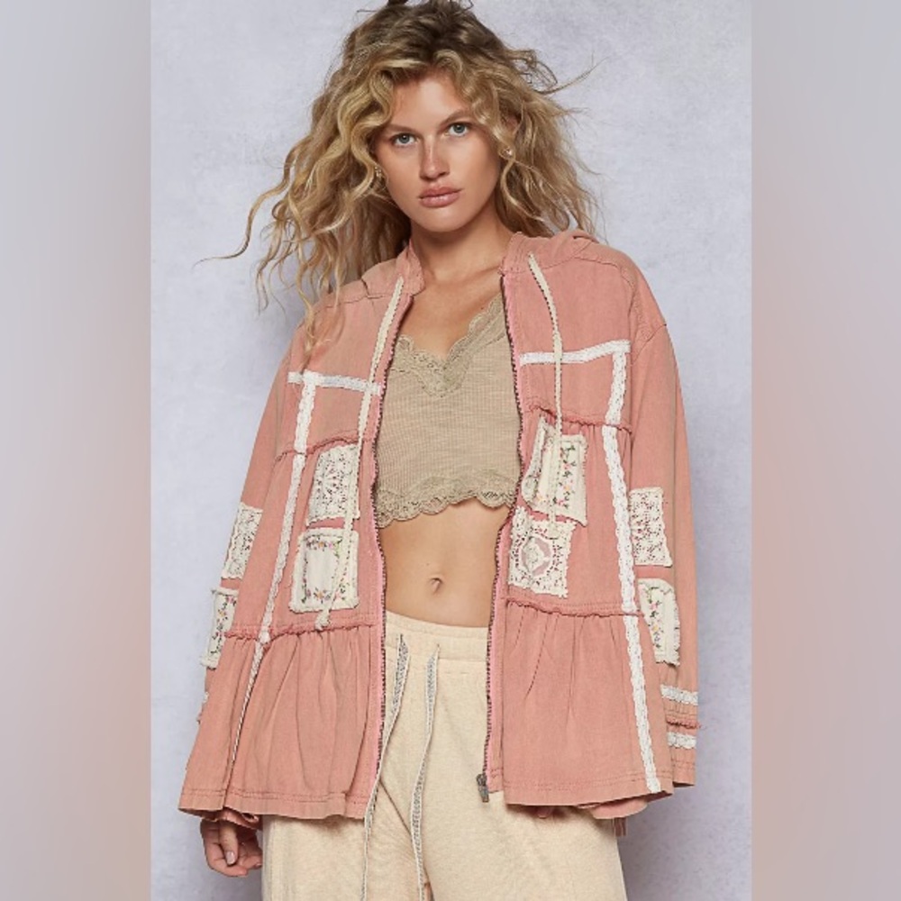 NWOT POL Embroidered  Hooded  with Lace Detail Patchwork Jean Jacket
